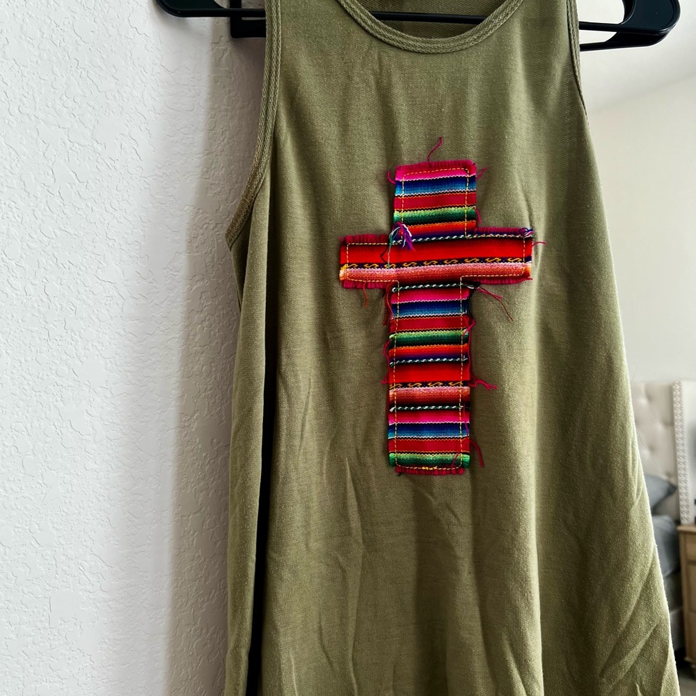 Olive Green Tank Top with Colorful Cross Design